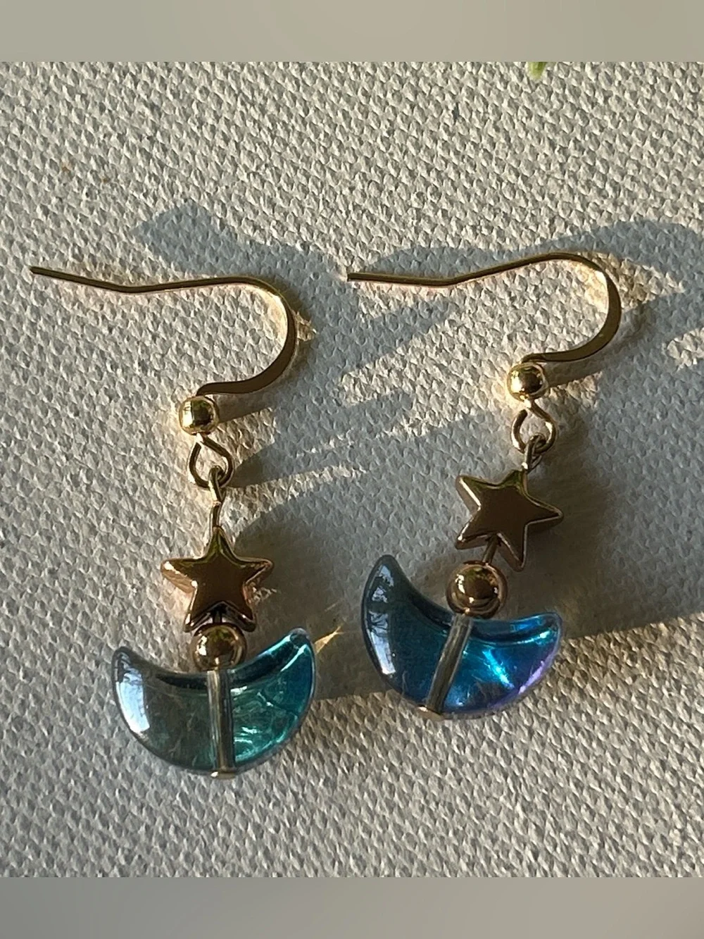 Gold Star Drop Earrings with Blue Crescent Moon